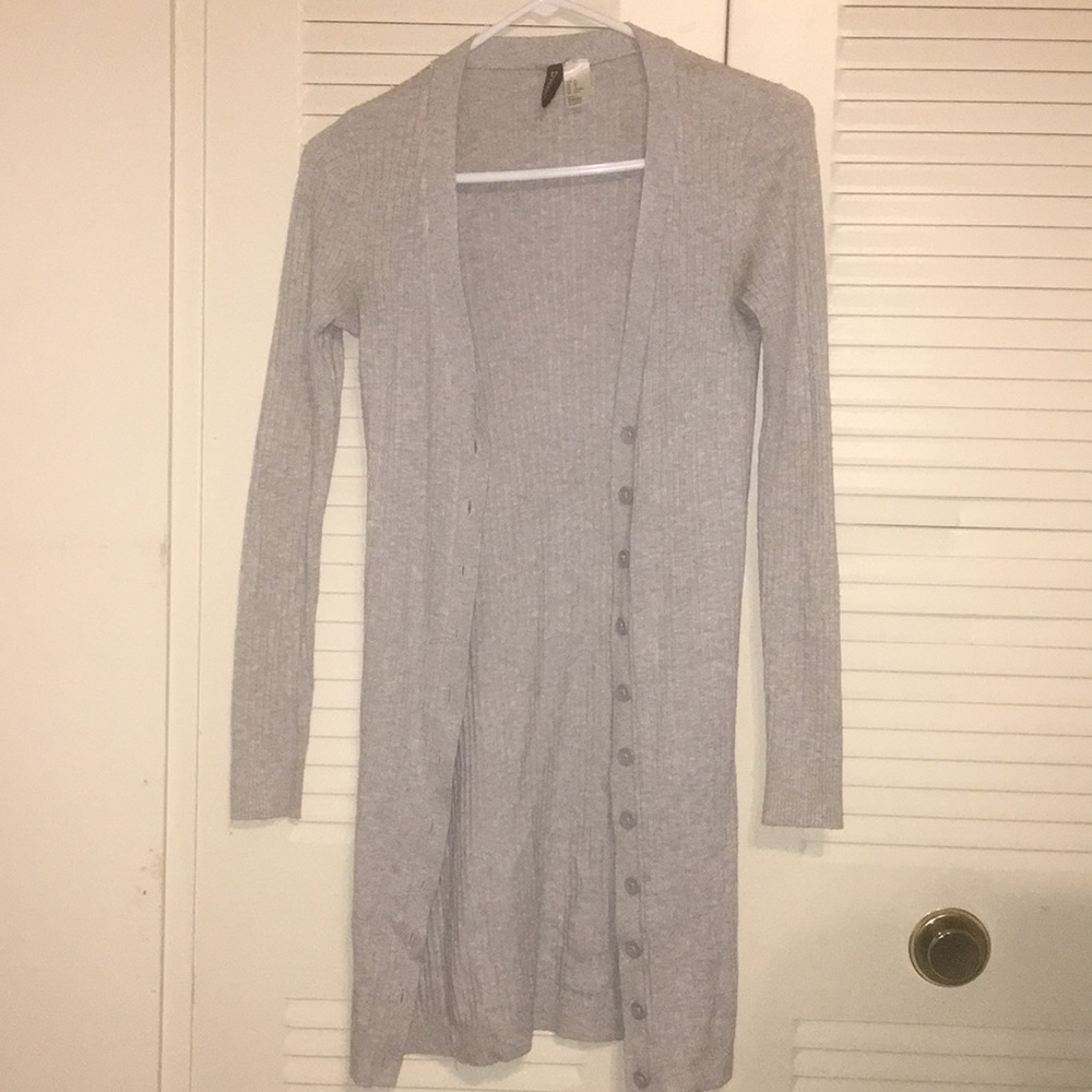 Gray cardigan.